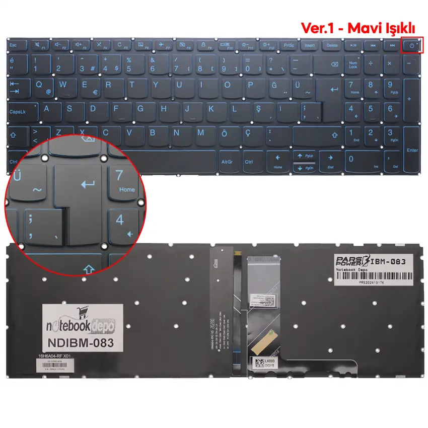 Lenovo V15-IWL 81YE00AETX, 81YE0095TX16 Klavye Mavi Işıklı (Siyah TR)