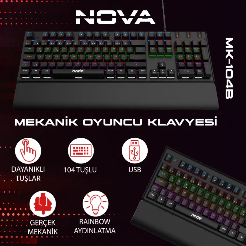 Node Game Nova ND-MK-104BR Mekanik Rainbow Işıklı Klavye Siyah (Red Switch)