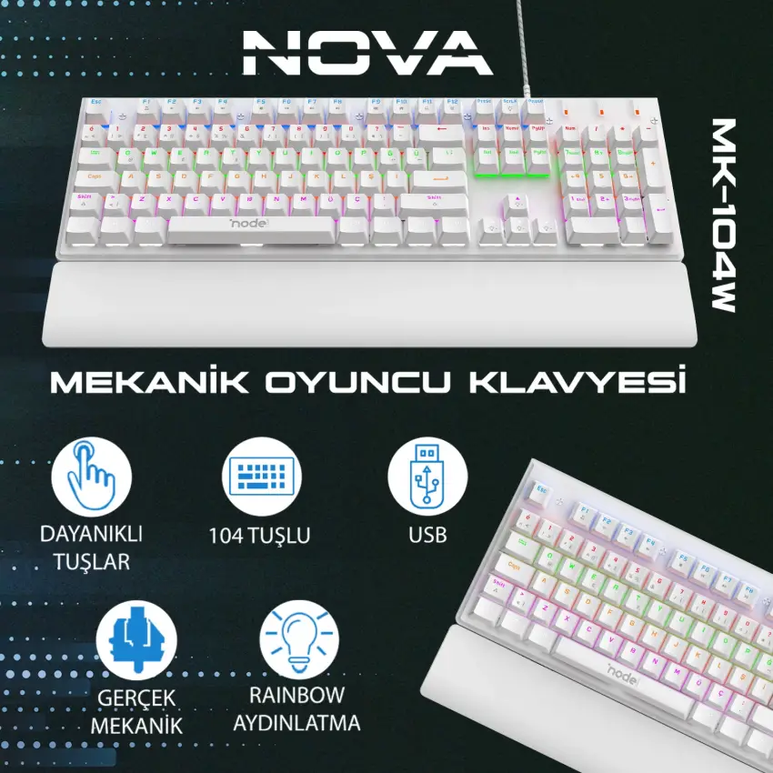 Node Game Nova ND-MK-104WB Mekanik Rainbow Işıklı Klavye Beyaz (Blue Switch)