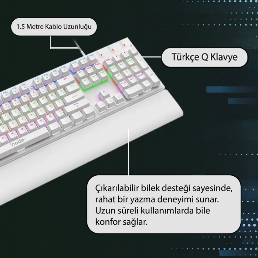 Node Game Nova ND-MK-104WB Mekanik Rainbow Işıklı Klavye Beyaz (Blue Switch)