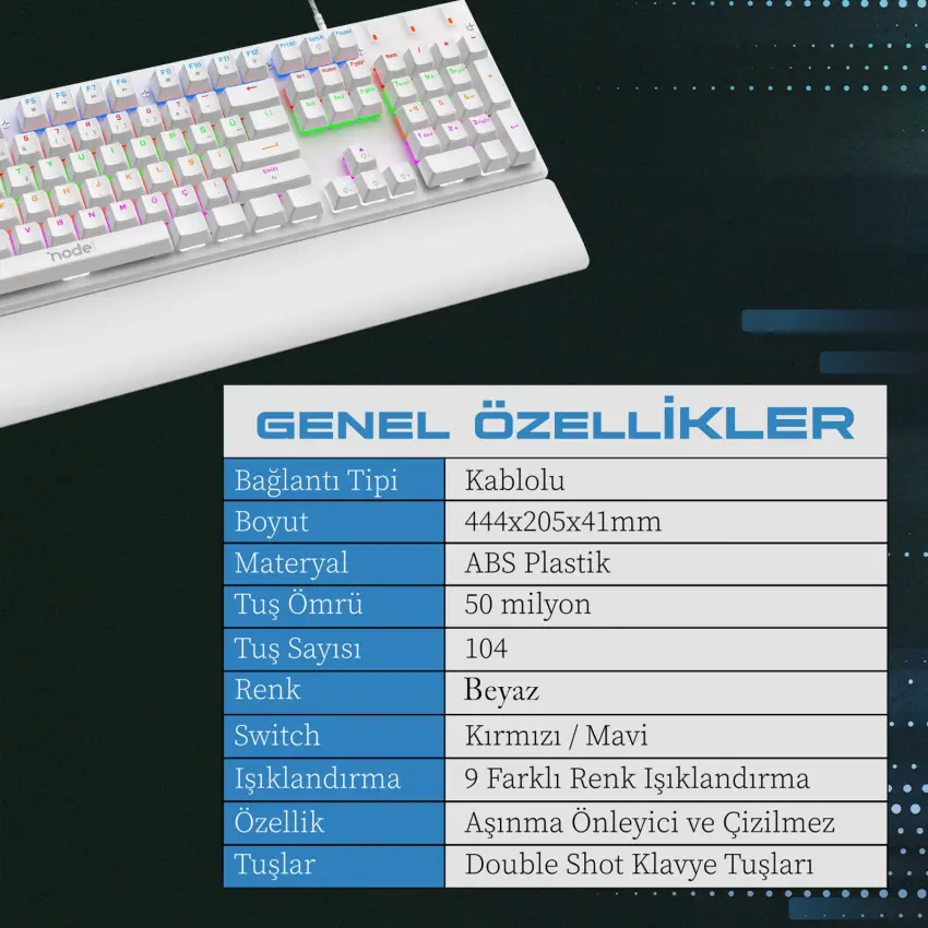 Node Game Nova ND-MK-104WB Mekanik Rainbow Işıklı Klavye Beyaz (Blue Switch)