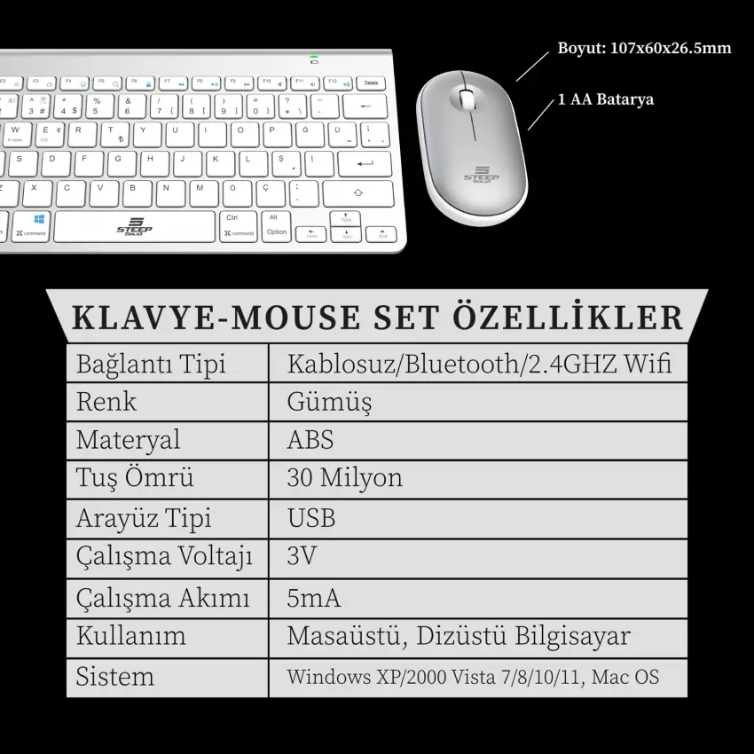 Steep Solid ST-078 Kablosuz Türkçe Klavye - Mouse Set (Gümüş)