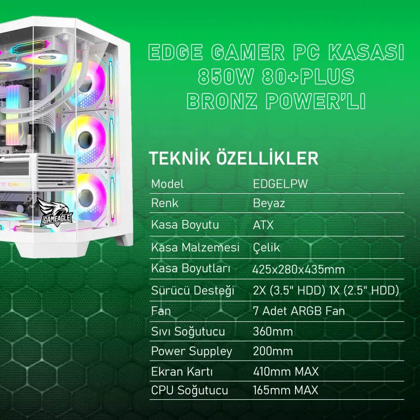 Gameagle Edge 7 Argb Fanlı Gamer Bilgisayar Kasası 850W 80+ Plus Bronz Modüler Powerlı (Beyaz)