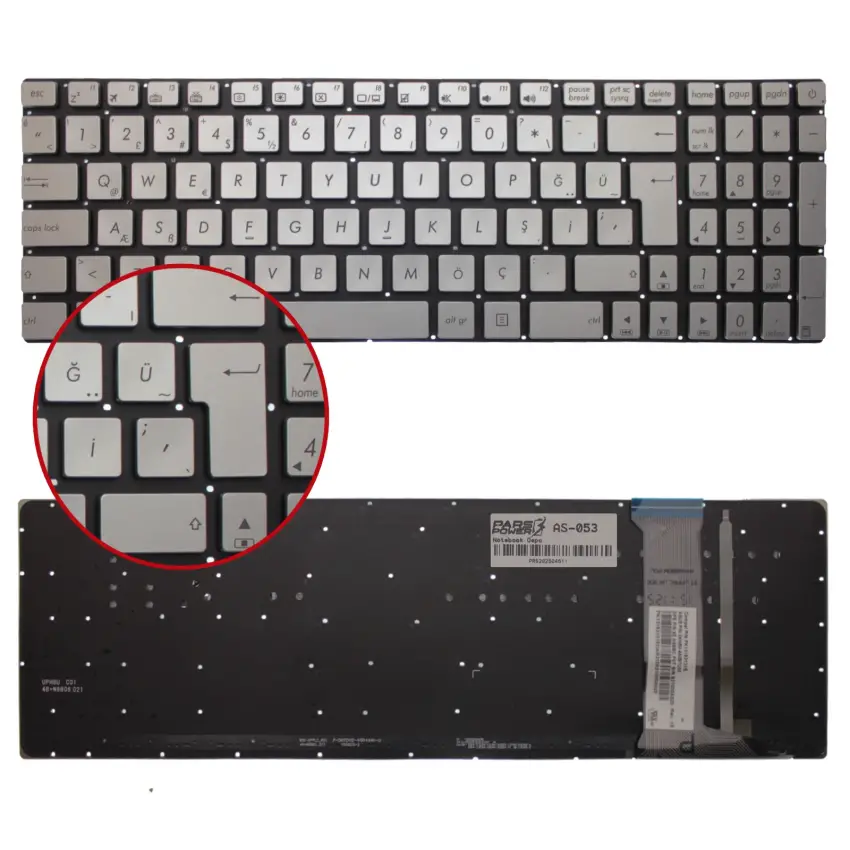 Asus R555JK, R555JM, R555JQ, R561V Notebook Klavye Işıklı (Gümüş TR)