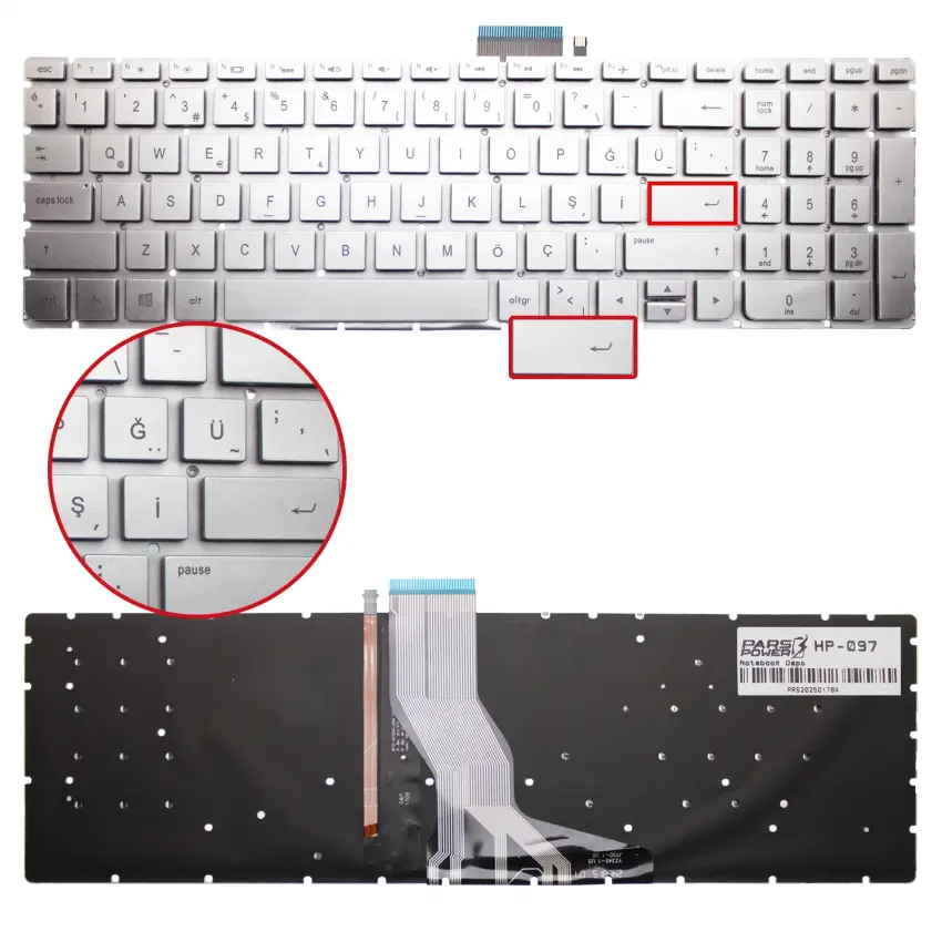 HP Pavilion 15-aw, 15-aw000, 15-aw100 Notebook Klavye Işıklı (Gümüş TR)