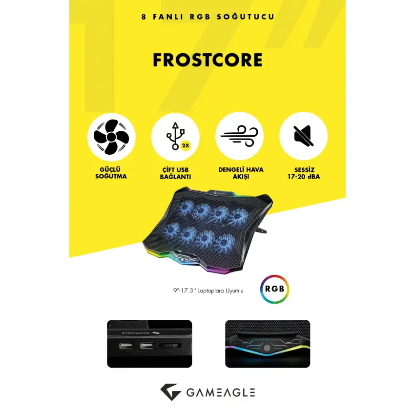 Frostcore X8 RGB 8 Fanlı 10 RGB Modlu  9-17’’ Notebook Soğutucu Stand Laptop Soğutucu