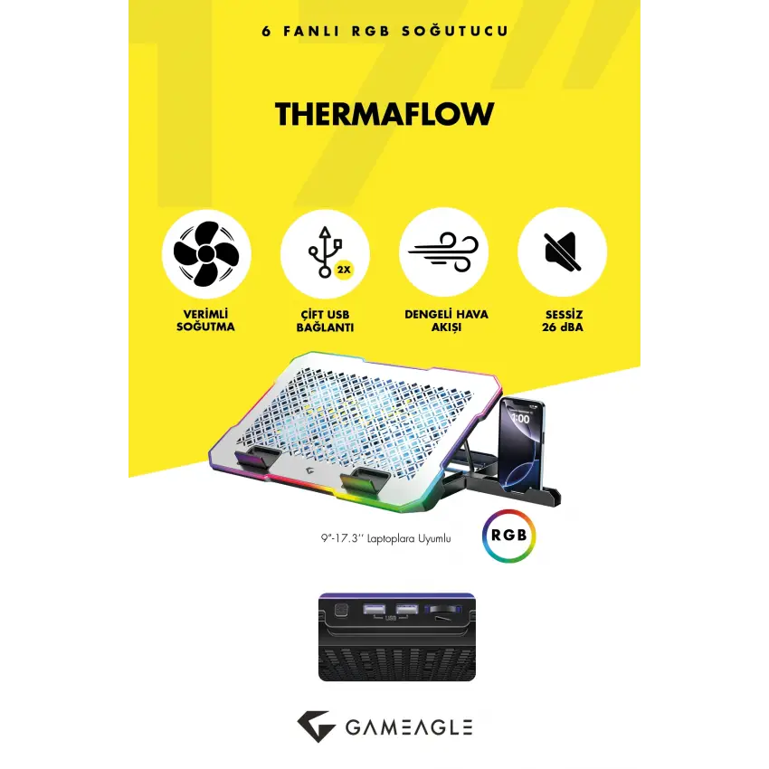 Thermaflow X6 RGB 6 Fanlı 10 RGB Modlu 9-17’’ Notebook Soğutucu Stand Laptop Soğutucu