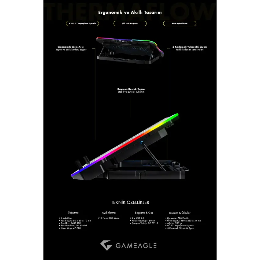 Thermaflow X6 RGB 6 Fanlı 10 RGB Modlu 9-17’’ Notebook Soğutucu Stand Laptop Soğutucu
