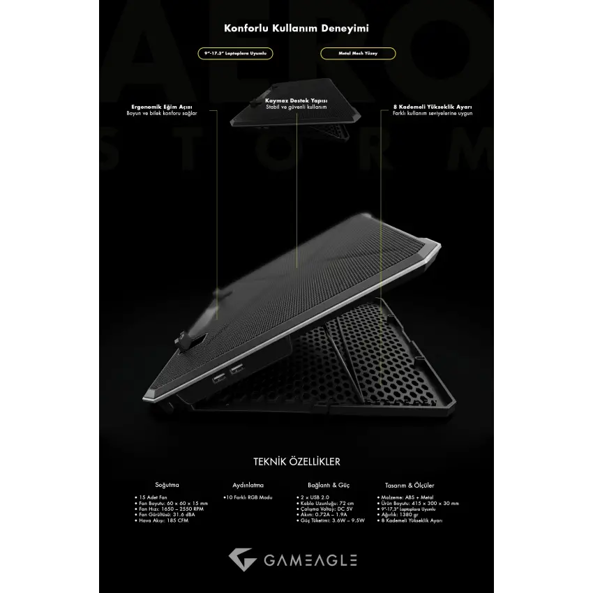 Aero Storm V15 RGB 15 Fanlı 10 RGB Modlu 9-17.3 Notebook Soğutucu Stand Laptop  Soğutucu