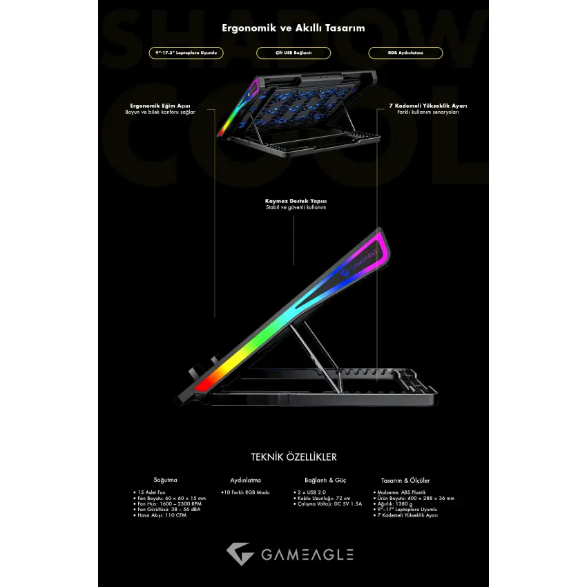 Shadow Cool GT15 RGB 15 Fanlı 10 RGB Modlu 9-17.3 Notebook Soğutucu Stand Laptop Soğutucu