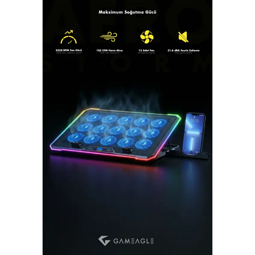 Gameagle Aero Storm V15 RGB 15 Fanlı 10 RGB Modlu 9-17.3 Notebook Soğutucu Stand Laptop Soğutucu