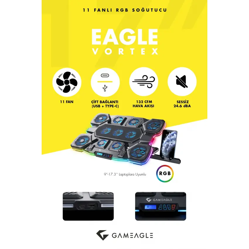 Gameagle Eagle Vortex K11 RGB 11 Fanlı 10 RGB Modlu 9-17.3 Notebook Soğutucu Stand Laptop Soğutucu