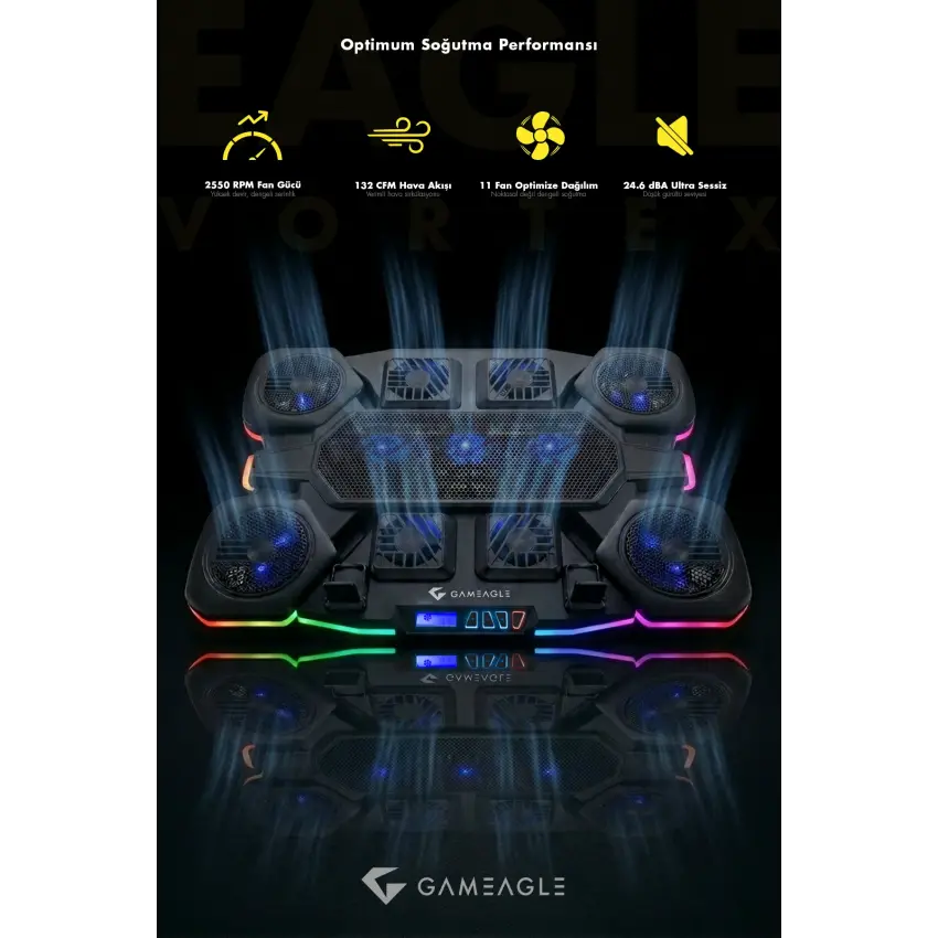 Gameagle Eagle Vortex K11 RGB 11 Fanlı 10 RGB Modlu 9-17.3 Notebook Soğutucu Stand Laptop Soğutucu