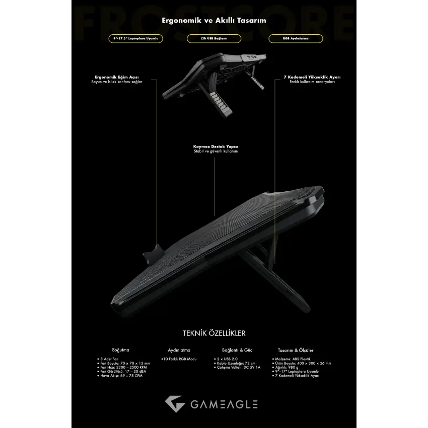 Gameagle Frostcore X8 RGB 8 Fanlı 10 RGB Modlu  9-17’’ Notebook Soğutucu Stand Laptop Soğutucu