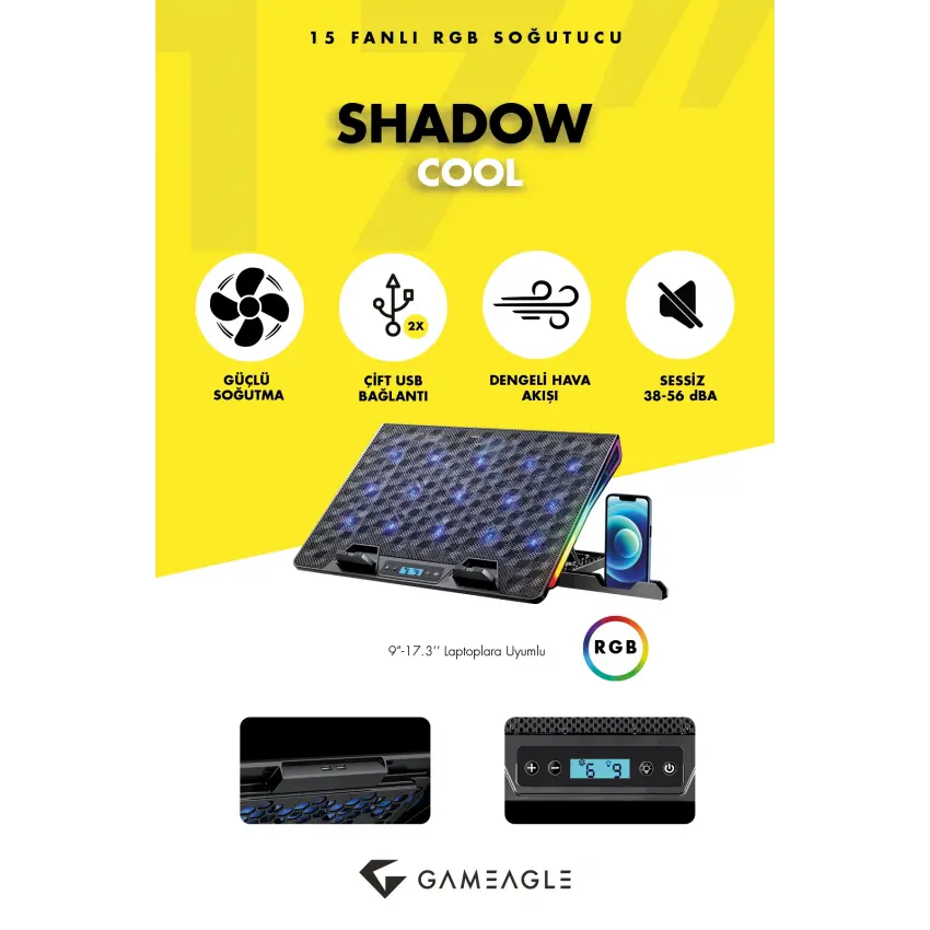 Gameagle Shadow Cool GT15 RGB 15 Fanlı 10 RGB Modlu 9-17.3 Notebook Soğutucu Stand Laptop Soğutucu
