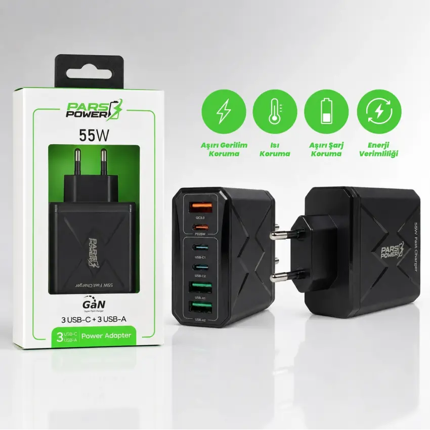Pars Power 55W Çoklu Hızlı Pd - Gan Adaptör Şarj Aleti-Cihazı