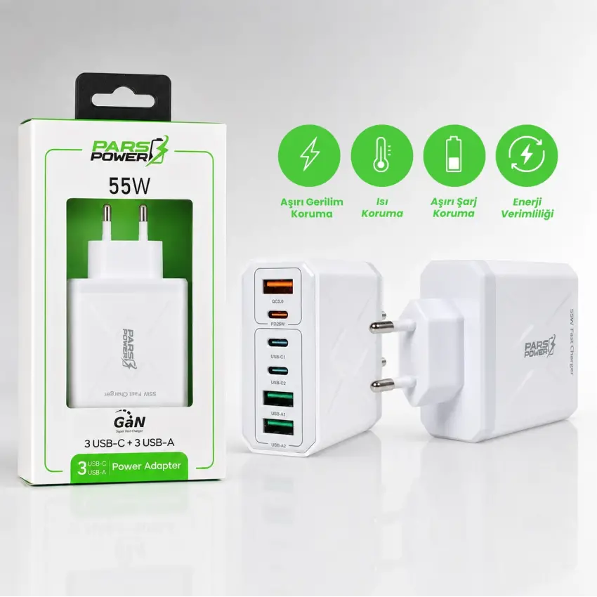 Pars Power 55W Çoklu 6 Çıkış Hızlı Pd - Gan Adaptör Type-C Şarj Aleti-Cihazı