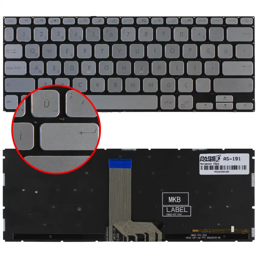 Asus A415, F415, M415 Serisi Klavye Işıklı (Gümüş TR)
