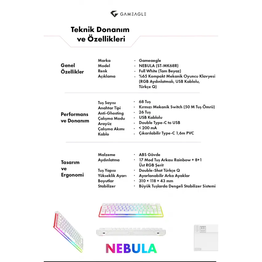 Nebula RGB Kablolu 11 Mod RGB TR Layout Double Shot Full Anti-Ghosting Mekanik Oyuncu Klavyesi Beyaz