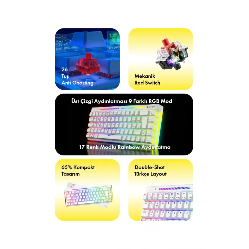 Gameagle Nebula RGB Kablolu 11 Mod RGB TR Layout Double Shot Full Anti-Ghosting Mekanik Oyuncu Klavyesi Beyaz