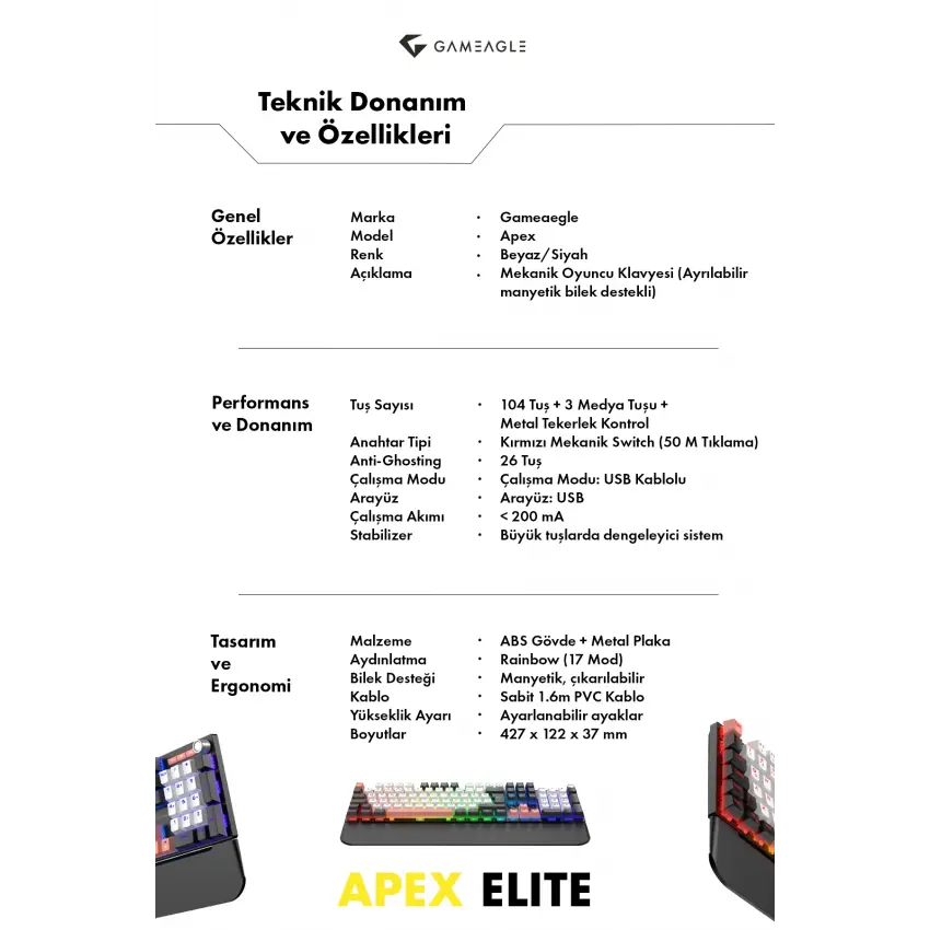 Apex Elite Rainbow 11Mod Aydınlatma Kablolu TR DoubleShot Full Anti-Ghosting Mekanik Oyuncu Klavyesi