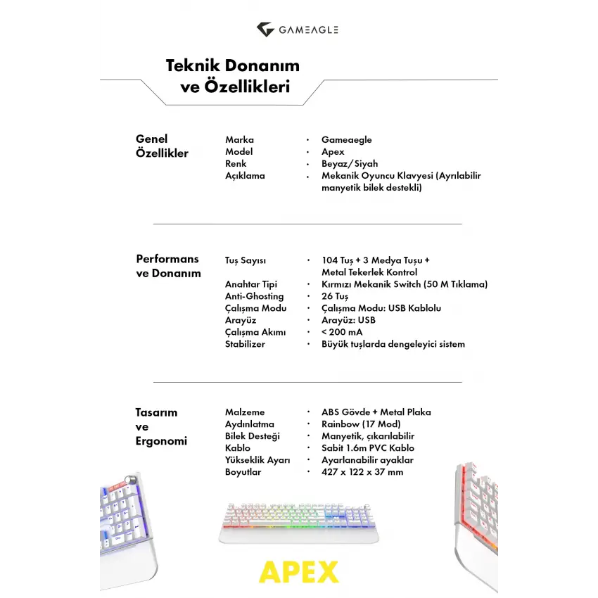 Gameagle Apex Rainbow 11Mod Aydınlatma Kablolu TR Double Shot Full Anti-Ghosting Mekanik Oyuncu Klavyesi