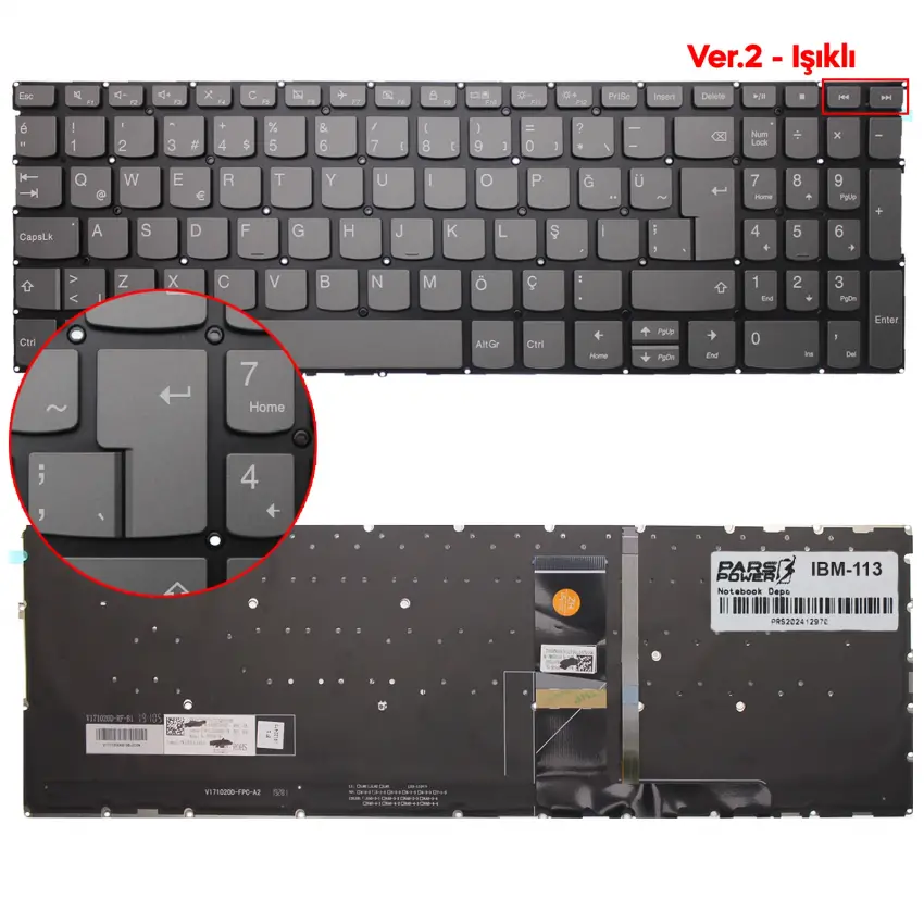 Lenovo ideaPad 3-15ADA05 81W100F7TX, 81W100JRTX Klavye Işıklı (Füme TR)