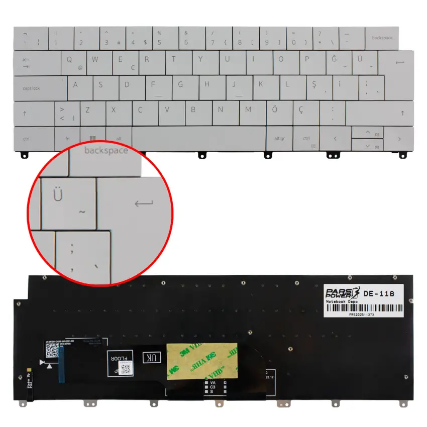 Dell XPS 16 9640 P129F01, P129F02 Klavye Işıklı (Beyaz TR)