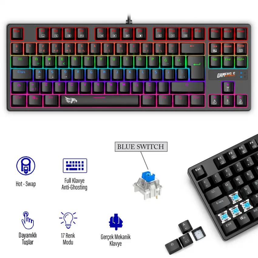 GAMEAGLE FULLFLEX MK-89X1B Mekanik Kablolu Işıklı Türkçe Q Klavye (Blue Switch)