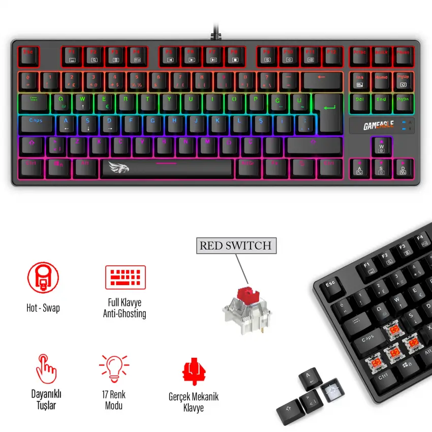 GAMEAGLE FULLFLEX MK-89X1B Mekanik Kablolu Işıklı Türkçe Q Klavye (Red Switch)