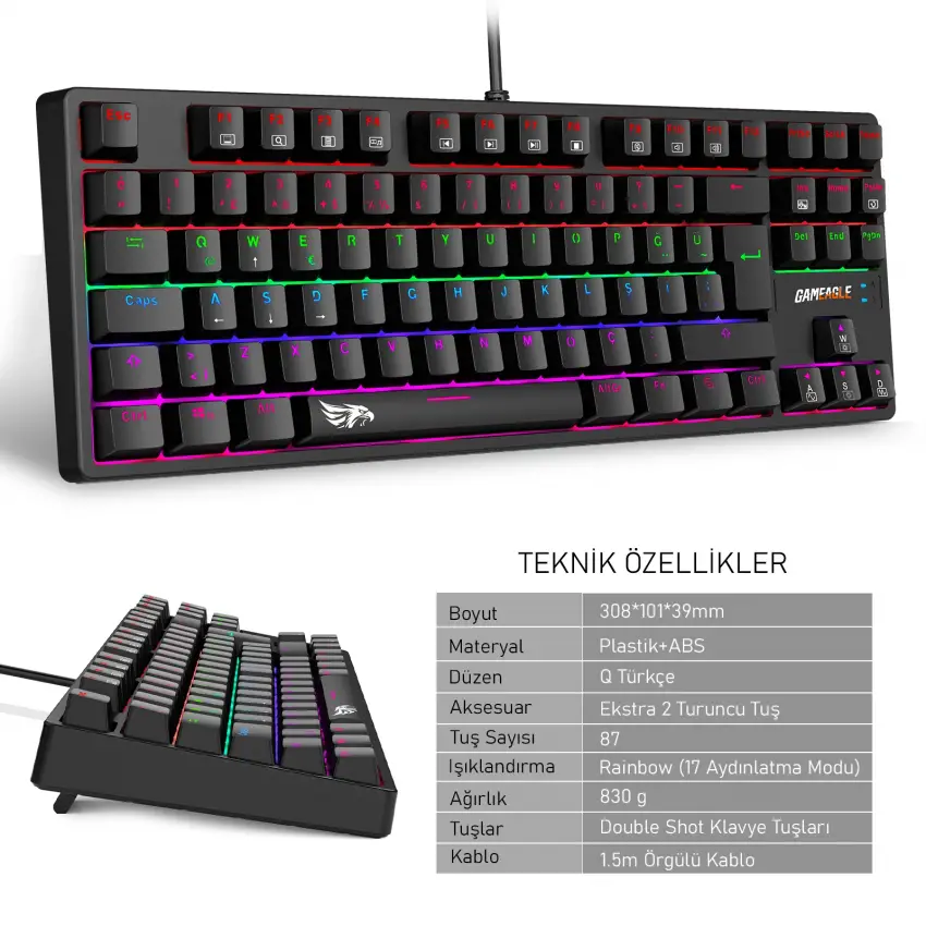 GAMEAGLE FULLFLEX MK-89X1B Mekanik Kablolu Işıklı Türkçe Q Klavye (Red Switch)