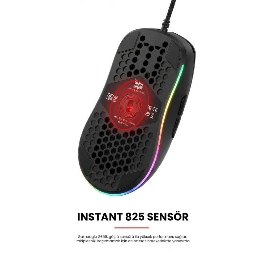 Gameagle GE69B RGB Makrolu 12800DPI Kablolu Oyuncu Mouse Siyah