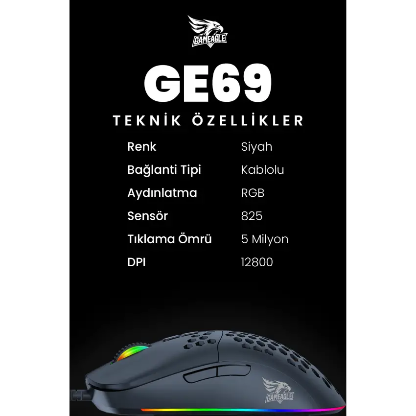Gameagle GE69B RGB Makrolu 12800DPI Kablolu Oyuncu Mouse Siyah
