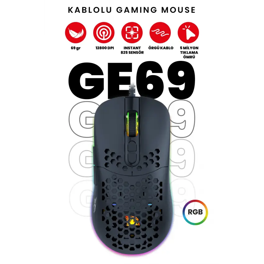 Gameagle GE69B Ultra Hafif Kablolu RGB Oyuncu Gaming Optik Mouse (Siyah)