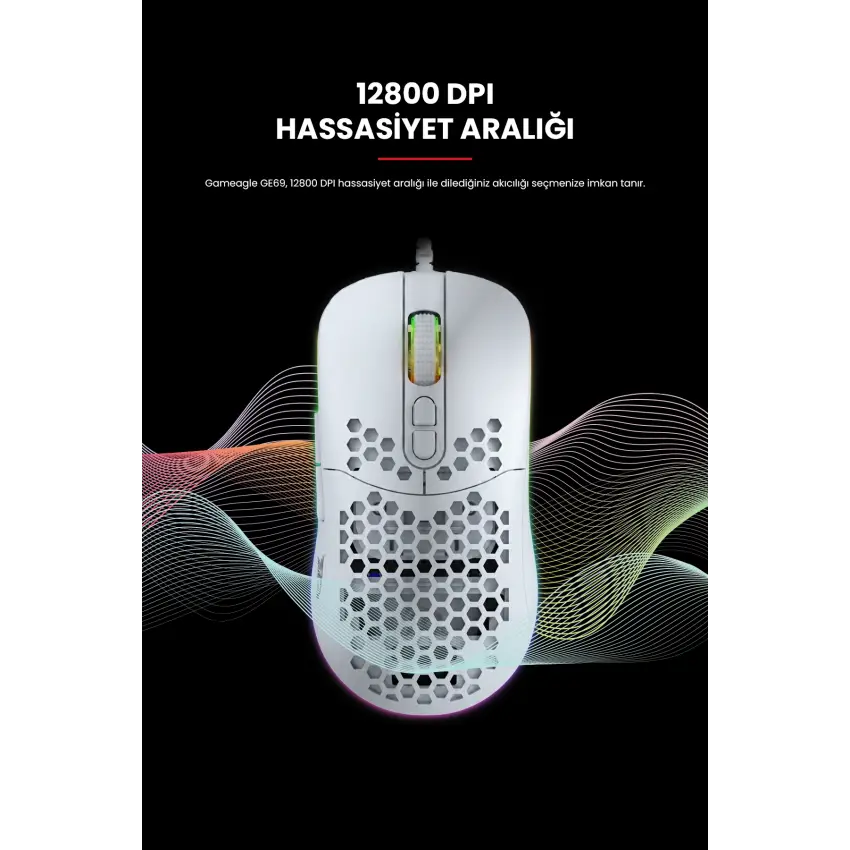 Gameagle GE69W Ultra Hafif Kablolu RGB Oyuncu Gaming Optik Mouse (Beyaz)