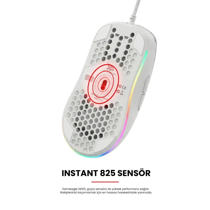 Gameagle GE69W Ultra Hafif Kablolu RGB Oyuncu Gaming Optik Mouse (Beyaz)