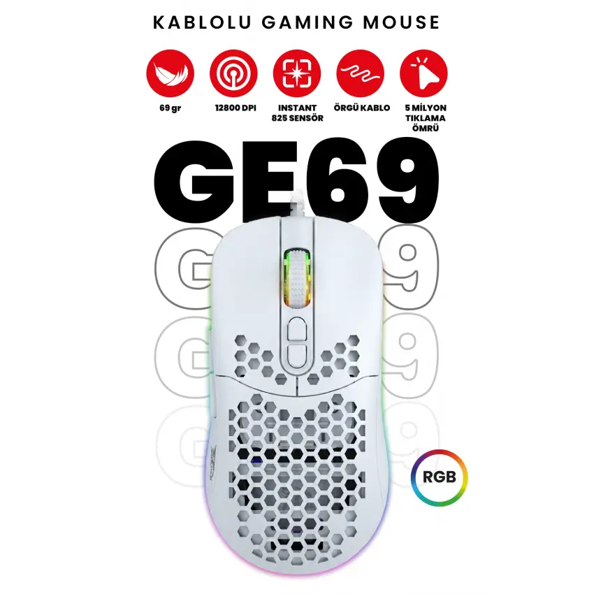 Gameagle GE69W Ultra Hafif Kablolu RGB Oyuncu Gaming Optik Mouse (Beyaz)