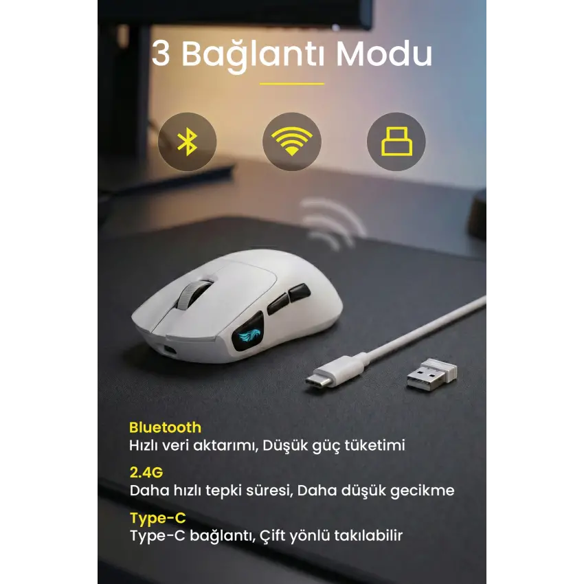 Gameagle PROX-59W Serisi Hafif Kablosuz 3 Mode Oyuncu Gaming Optik Mouse (Beyaz)