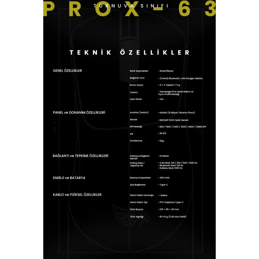 Gameagle PROX-63B Serisi Hafif Kablosuz 3 Mode Oyuncu Gaming Optik Mouse (Siyah)