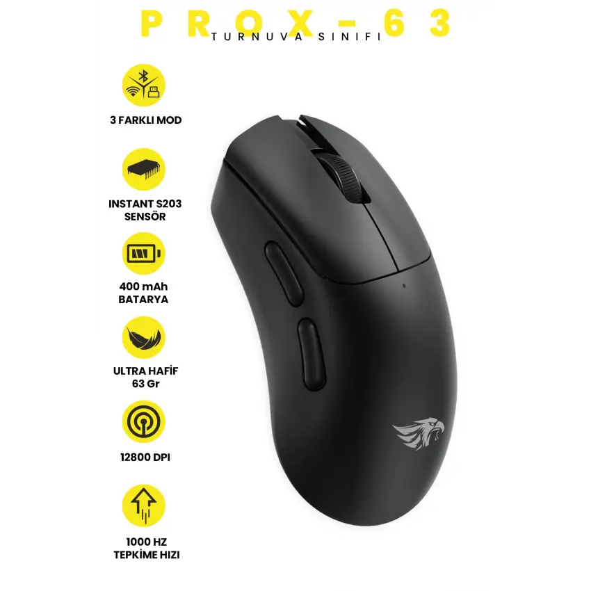 Gameagle PROX-63B Serisi Hafif Kablosuz 3 Mode Oyuncu Gaming Optik Mouse (Siyah)