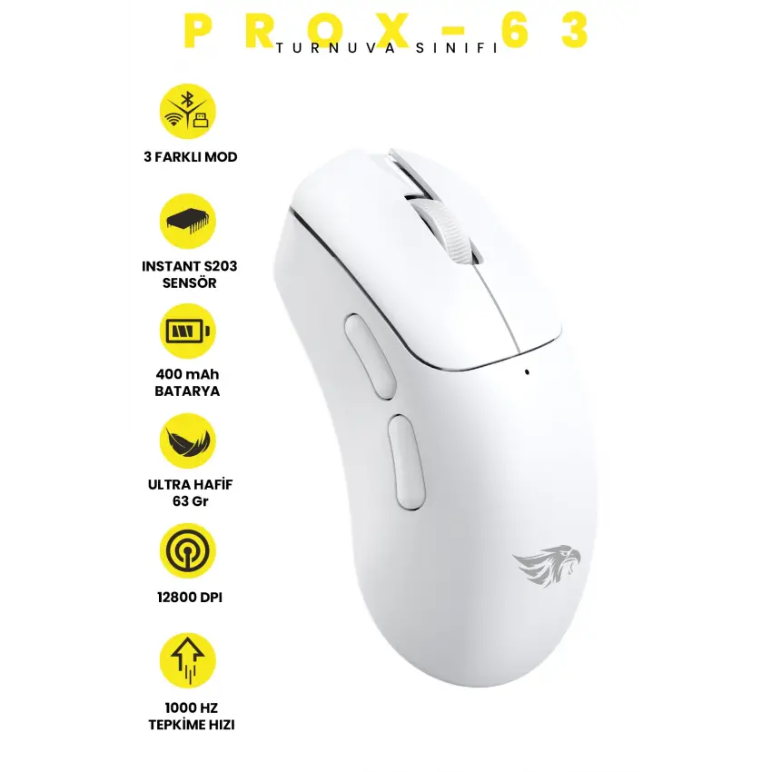 Gameagle PROX-63W Serisi Hafif Kablosuz 3 Mode Oyuncu Gaming Optik Mouse (Beyaz)