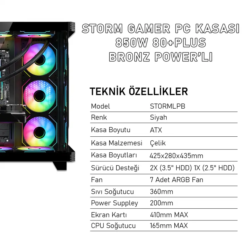 Gameagle Storm 7 Argb Fanlı Gamer Bilgisayar Kasası 850W 80+ Plus Bronz Powerlı (Siyah)