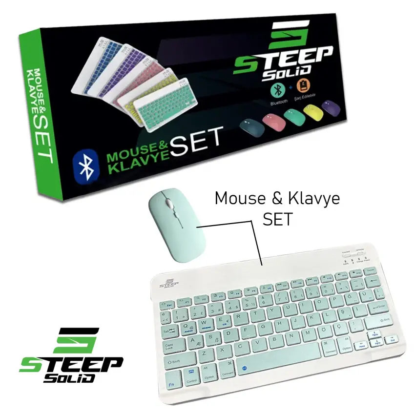 Steep Solid Magic Şarjlı Bluetooth Klavye - Mouse Set (Açık Yeşil TR) STEEPKM1T