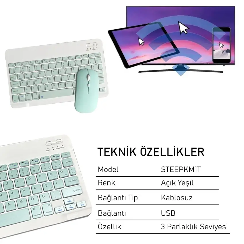 Steep Solid Magic Şarjlı Bluetooth Klavye - Mouse Set (Açık Yeşil TR) STEEPKM1T