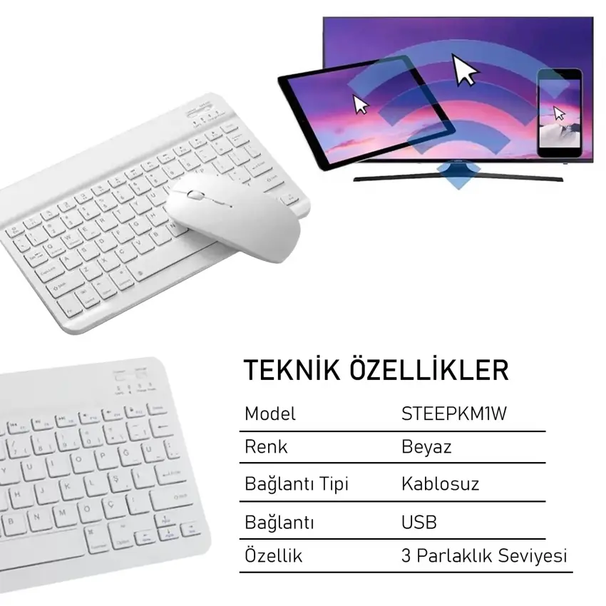 Steep Solid Magic Şarjlı Bluetooth Klavye - Mouse Set (Beyaz TR) STEEPKM1W