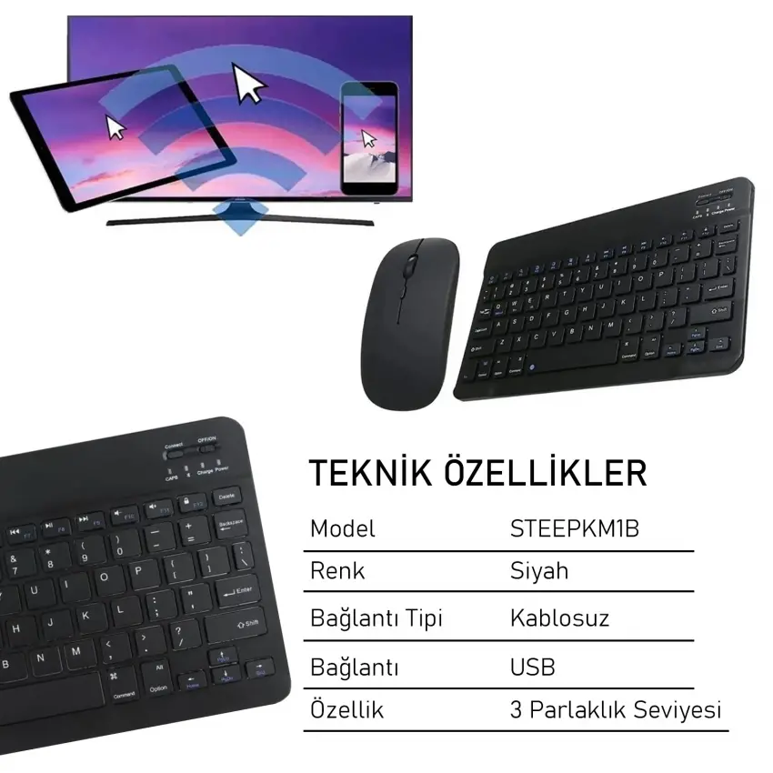 Steep Solid Magic Şarjlı Bluetooth Klavye - Mouse Set (Siyah TR) STEEPKM1B