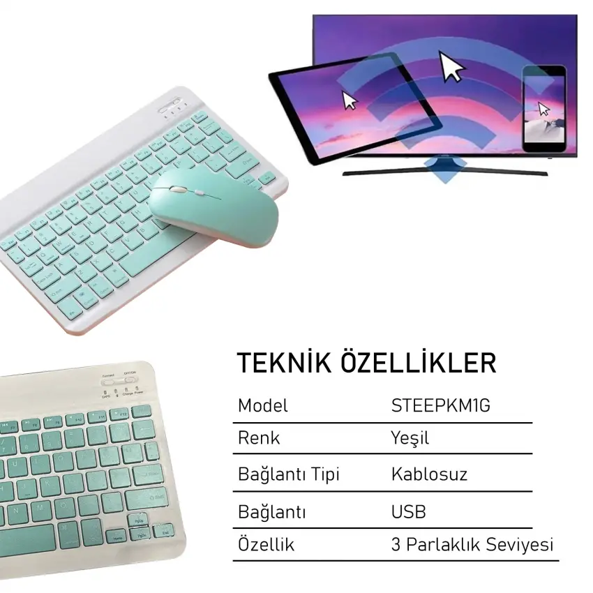 Steep Solid Magic Şarjlı Bluetooth Klavye - Mouse Set (Yeşil TR) STEEPKM1G