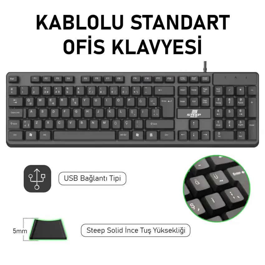 Steep Solid ST-01 Kablolu Standart Ofis Klavyesi - Türkçe Q Klavye