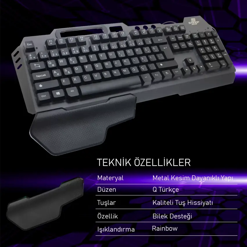Steep Solid ST-K700 Mekanik Hisli Bilek Destekli Kablolu Rainbow Işıklı Oyuncu Klavye