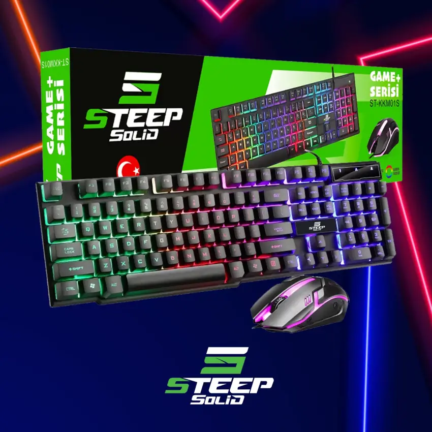 Steep Solid ST-KKM01S Mekanik Hisli Kablolu Rainbow Işıklı Oyuncu Klavye - Mouse Set